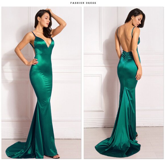 Deep V Neck Backless Ruched Long Slip Sheath Dress Evening Gown Prom - Picture 1 of 5
